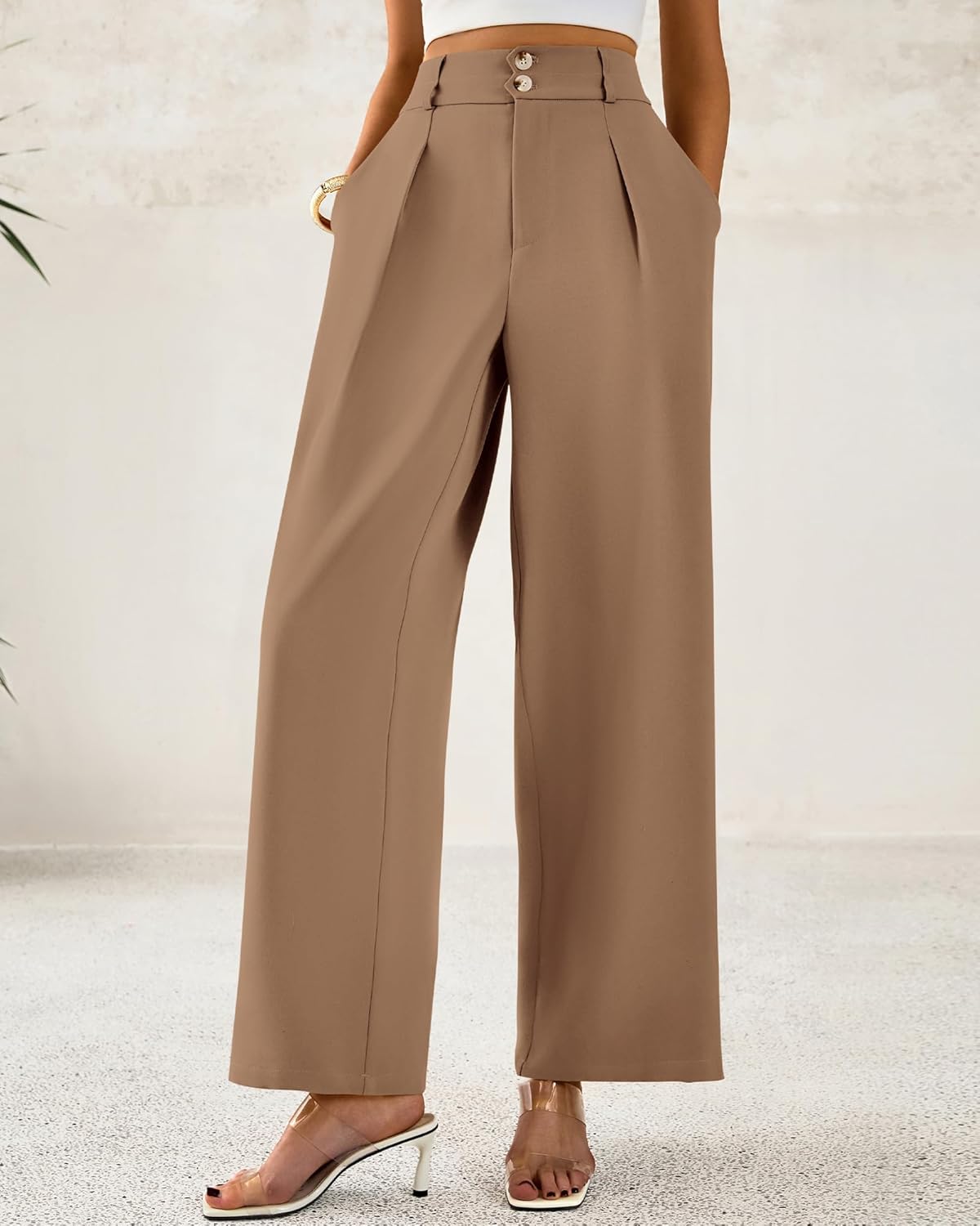 BTFBM Women Wide Leg Dress Pants 2025 High Waisted Button Pleated Business Casual Trousers Office Work Palazzo Pants